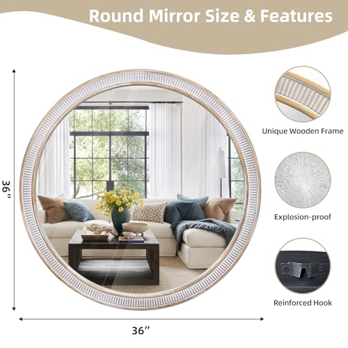 36 Inch Large Round Wood Mirror, Farmhouse Bathroom Mirrors for Wall - color: B - 36 in