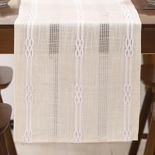 Boho Beige Table Runner 12×120 Long White Stripe Boho Fall Decor - color: White Stripes