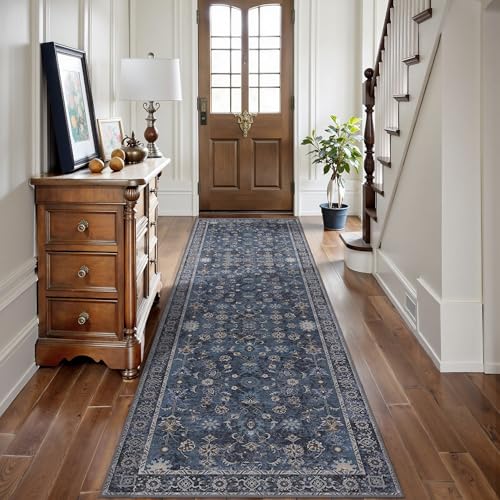 Tangsoo 2.6x8 Runner Rug for Hallway Non Slip,Washable Blue Long Runner Rug - color: Distressed Blue Black, size: 2'6" X 8' (Runner)