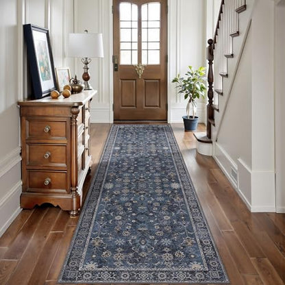 Tangsoo 2.6x8 Runner Rug for Hallway Non Slip,Washable Blue Long Runner Rug - color: Distressed Blue Black, size: 2'6" X 8' (Runner)