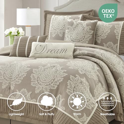 LANCO MODERN LIFESTYLE Beige California King Comforter Set 7 Pieces, Jacquard Woven with Damask, Bedding Set in a Bag Includes Comforter, Bed Skirt, Pillow Shams, and Decorative Pillows - color: Beige, size: California King