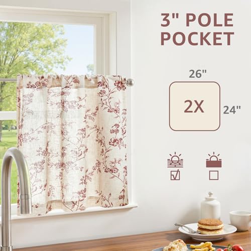 jinchan Floral Linen Kitchen Tier Curtains, 24 Inch, 2 Panels, Maroon - color: Alisa Maroon, size: 26"W x 24"L (Pack of 2)