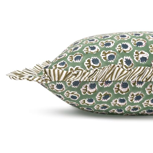 Ridhi Basil Green Block Print Ruffle Pillow Covers 18x18 Inch Set of 2 - color: Basil Green, size: 18" x 18" (Pack of 2)