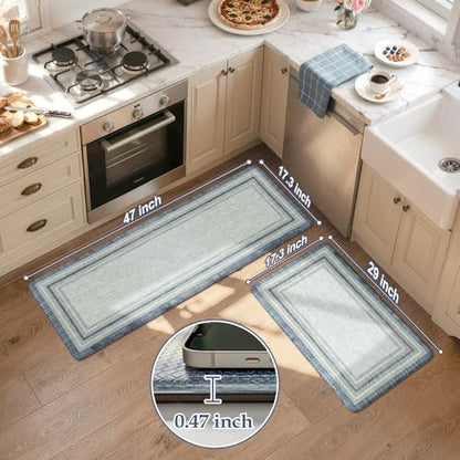 KIMODE Anti Fatigue Kitchen Mat 2 PCS Farmhouse Kitchen Rugs Sets of 2 - color: Blue, size: 17.3" x 47 "+ 17.3" x 29 "--0.47 inches