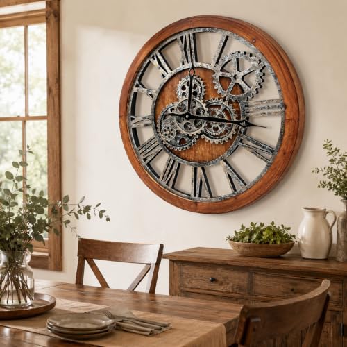 The B-Style Large Wall Clock, 24 inch, Brown and Bronze - color: Brwon With Bronze Gears, size: 24 inch (60 cm)