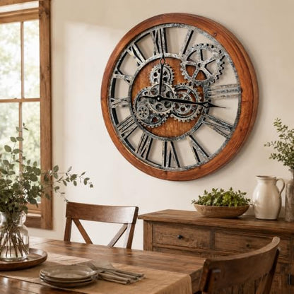 The B-Style Large Wall Clock, 24 inch, Brown and Bronze - color: Brwon With Bronze Gears, size: 24 inch (60 cm)