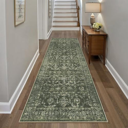 3x8 Washable Kitchen Runner Rug Non-Slip Boho Dark Green Throw Carpet - color: Dark Green, size: 3' x 8' (Runner)