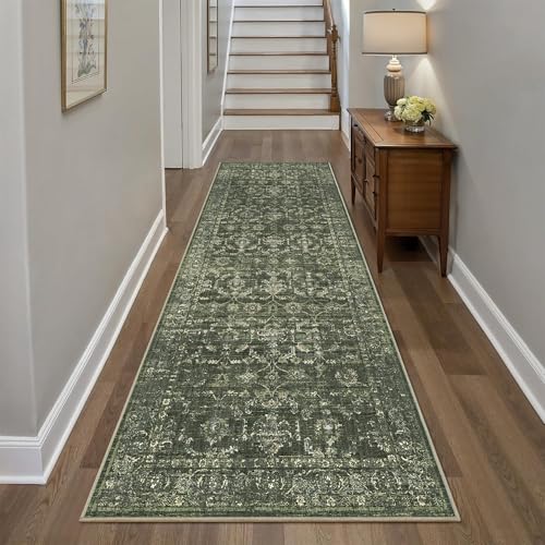 3x8 Washable Kitchen Runner Rug Non-Slip Boho Dark Green Throw Carpet - color: Dark Green, size: 3' x 8' (Runner)