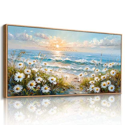 imjiayu Coastal Daisy Canvas Wall Art, Ocean Sunrise Beach Landscape Print - color: Beach Daisy, size: 40"L x 20"W