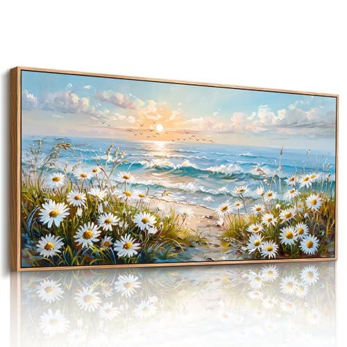 imjiayu Coastal Daisy Canvas Wall Art, Ocean Sunrise Beach Landscape Decor - color: Beach Daisy, size: 48"L x 24"W