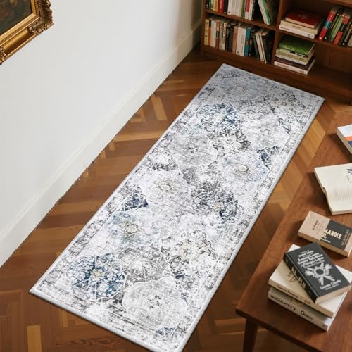 Ileading Washable Hallway Runner Rugs, 2x6 Non Slip Runners Area Rug for Entryway Kitchen Bathroom Bedroom Laundry Living Room, Long Narrow Low-Pile Floor Carpet Boho Vintage Throw Mat for Kids Room - color: Blue&grey, size: 2' x 6' (Rectangular)