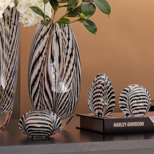 Murano Style Glass Vase Hand Blown Black and White Feather Pattern Effect - color: Black and White