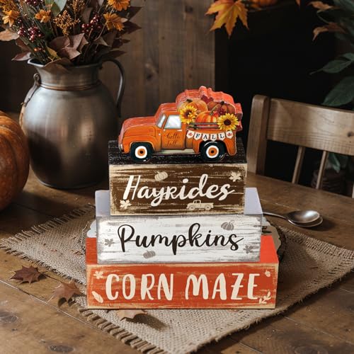4 Pcs Fall Decor for Home Truck Pumpkin Wooden Signs with Sunflower - style: Truck