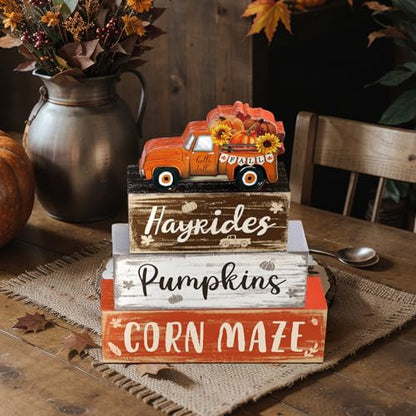 4 Pcs Fall Decor for Home Truck Pumpkin Wooden Signs with Sunflower - style: Truck