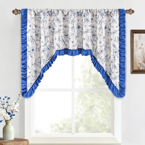 Yinhua Floral Valances for Windows, French Country Ruffle Swag Curtains, Linen Light Filtering Window Valances Rod Pocket Kitchen Curtains Valance for Living Room, 60" W x 36" L, 1 Panel, Blue - color: Blue, size: 60"W x 36"L (Pack of 1)