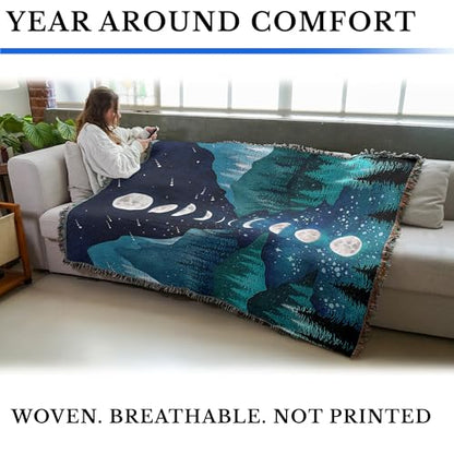Pure Country Weavers Moonlight Garden Olive by Episodic Drawing - Gift Tapestry Throw Blanket Woven from Cotton - Made in The USA (72x54) - color: River and Sky, size: 72x54