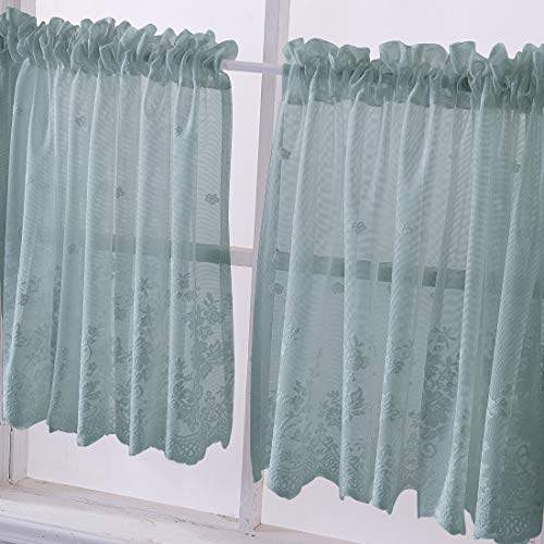 vctops Lace Sheer Kitchen Tier Curtain Set Floral Embroidered Cafe Tiers Rod Pocket Small Half Window Curtains 2 Panels (29" x 24", Blue) - color: Blue, size: 29"W x 24"L (Pack of 2)