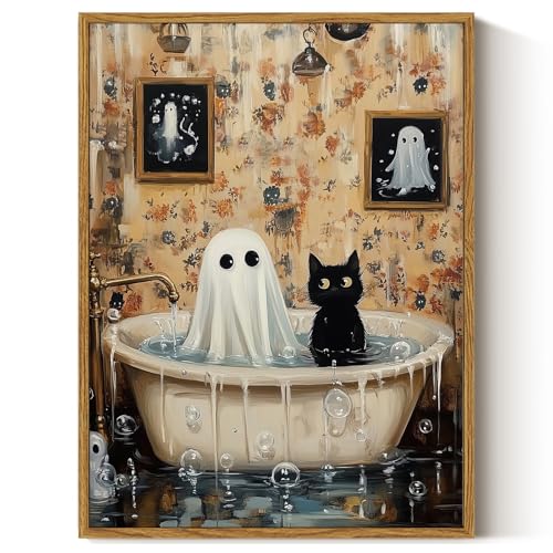 ARPEOTCY Vintage Framed Canvas Wall Art, 12x16 Inch Ghost & Cat Halloween Bathroom Wall Art, Retro Print Artwork for Living Room Gallery, Vintage Spooky Picture Home Decor Aesthetic - color: Ghost & Cat Mayhem, size: 16"L x 12"W