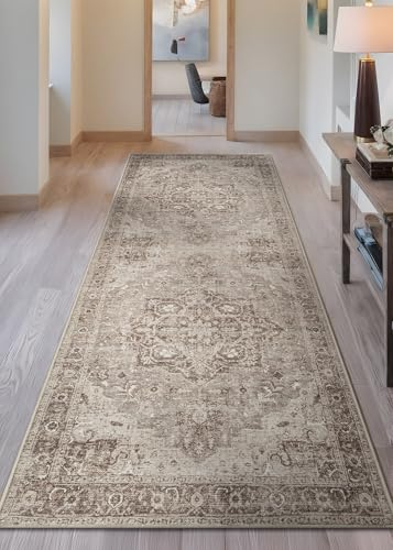 Bloom Rugs Washable Non-Slip 7 ft Runner - Beige/Gray Traditional Runner for Entryway, Hallway, Bathroom, and Kitchen - Exact Size: 2.5' x 7' - color: Beige / Gray, size: 2'6" x 7' (Runner)