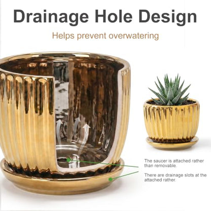 Plant Pots,Ceramic Flower Pots with Drainage Holes & Saucers Set of 3（Gold） - color: Gold