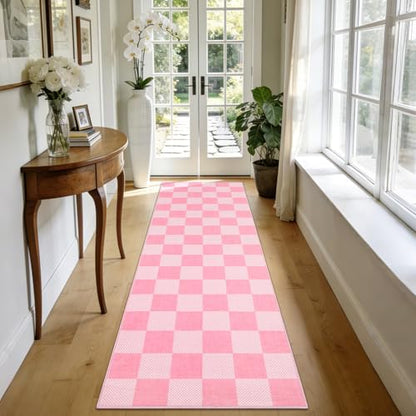 GarveeHome Checkered Pink 2x6 Washable Kitchen Runner Rug Low-Pile Entryway - color: Blush Pink, size: 2' x 6' (Rectangular)