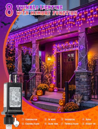 Halloween Icicle Lights Outdoor,300 LED Purple and Orange Lights - color: Orange Purple