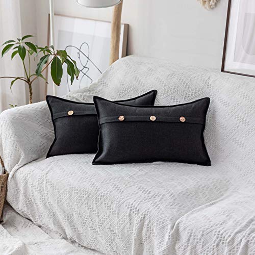 Home Brilliant Decorative Linen Pillow Covers with Triple Buttons Decorations Fall Pillow Cases for Couch Oblong Throw Pillows for Sofa Bed, Set of 2, 12x20 inch, 30x50 cm, Black - color: Black, size: 20" x 12" (Pack of 2)