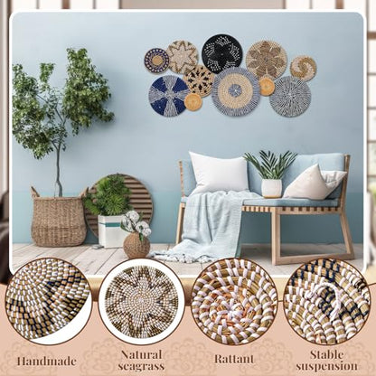 Tatuo 11 Pcs Boho Wall Basket Decor Woven Wall Hanging Art, Blue - style: Blue