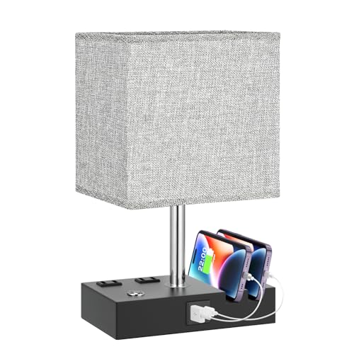Touch Bedside Table Lamp for Bedroom, 3-Way Dimmable, USB C+A, 2 AC Outlets - color: Grey with Touch Control Base, size: 1 Pack
