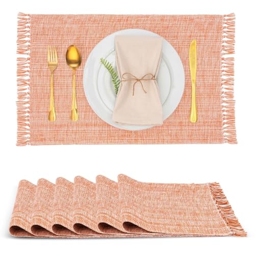 Cotton Placemats Set of 6-13x19 Inch, Woven Chambray Place Mats, Durable & Elegant for Dining Table, Wedding, Restaurant, Oeko-TEX Certified - Burnt Orange - color: Burnt Orange - Chambrey