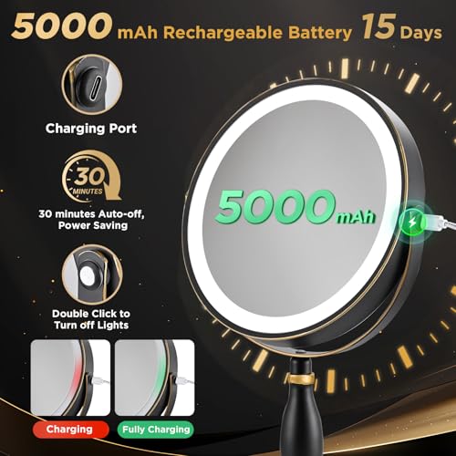 Lighted Makeup Mirror, 20x Magnifying - Matte Black with Gold Trim - color: Matte Black With Gold Trim
