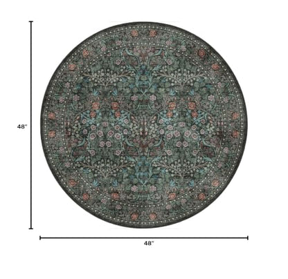 Boho Round Rug 4ft - Washable Black Green Floral Round Bathroom Rug - color: Black / Multi, size: 4' (Round)