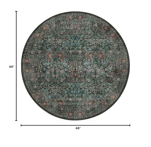 Boho Round Rug 4ft - Washable Black Green Floral Round Bathroom Rug - color: Black / Multi, size: 4' (Round)