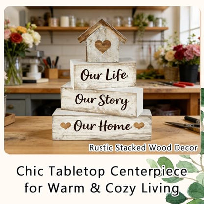 Farmhouse Tiered Tray Decor, 4pcs Our Life Our Story Our Home Table Decor - style: Family