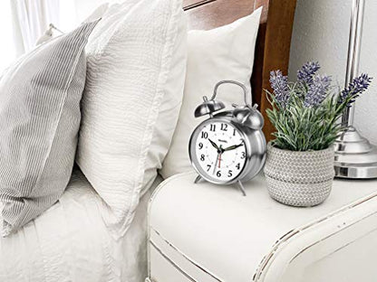 Sharp Twin Bell Alarm Clock - Loud Alarm - Great for Heavy Sleepers - Battery Operated Quartz Analog Clock (Brushed Silver) - color: Brushed Silver