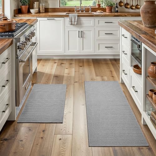 MatEssenz 2-Piece Kitchen Rugs Set, 20"x30" + 20"x48", Faux Linen Woven Textured Washable Kitchen Mats for Floor, Slip Resistant Gel Backing Standing Desk Mat for Sink Laundry Room, Grey - color: Grey, size: 20"x30"+20"x48"