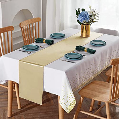 12Pack Disposable Plastic Tablecloths and Satin Table Runner Set White and Gold Dot Tablecloth Gold Satin Table Runner for Wedding Birthday Baby Shower Anniversary Christmas New Year Party Supplies - color: White and Gold, size: 12 Pack