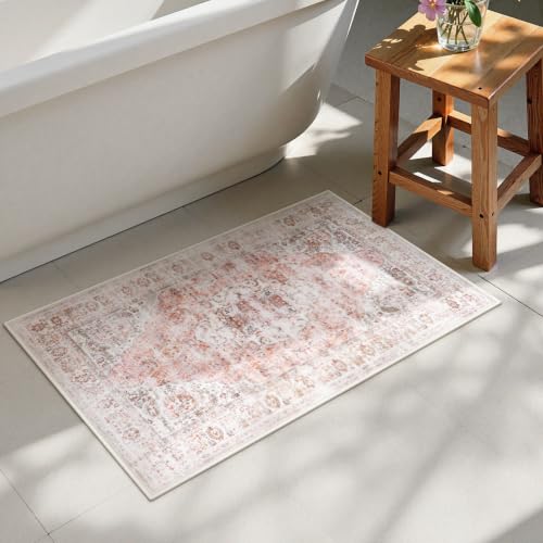Uphome Boho Bathroom Rugs, Distressed Farmhouse Blush Pink Bath Mat, Comfy Velvet Small Bath Rugs Non Slip Washable, Vintage Oriental Toilet Rug for Sink Shower Vanity, 20x32 inch - color: Blush Pink, size: 20 x 32 inch (Rectangular)