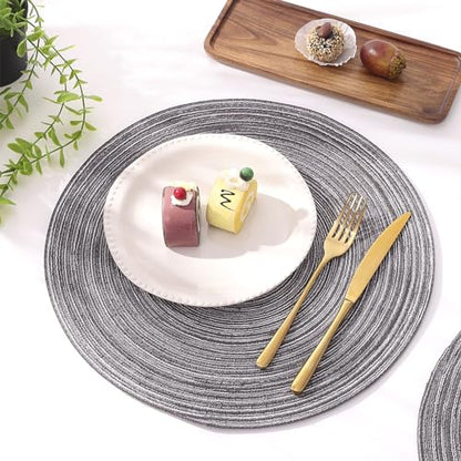 SHACOS Round Braided Placemats Set of 6 Round Table Mats 15 inch Cotton Washable for Holiday Party (Black Gray, 6) - color: Black Gray, size: Set of 6