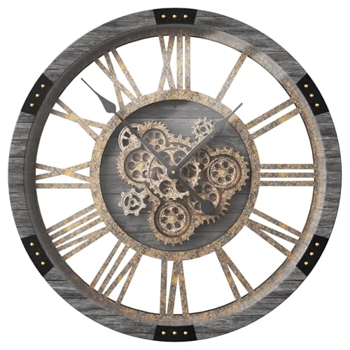 36" Extra Large Wall Clock with Moving Gears, Oversized Giant Industrial Steampunk Rustic Clocks for Wall Decor Living Room Home Office, Solid Wood Retro Metal,Carbon Grey - color: Carbon Grey, size: 90cm / 36 inch
