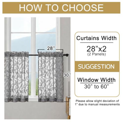 OWENIE Leyna Grey Sheer Curtain 30 Inch Length Cafe Curtains 2 Panels - color: Charcoal Gray, size: 28"W x 30"L (Pack of 2)