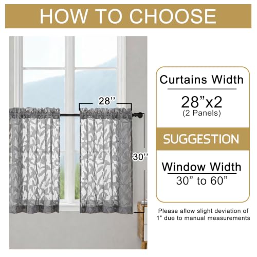 OWENIE Leyna Grey Sheer Curtain 30 Inch Length Cafe Curtains 2 Panels - color: Charcoal Gray, size: 28"W x 30"L (Pack of 2)