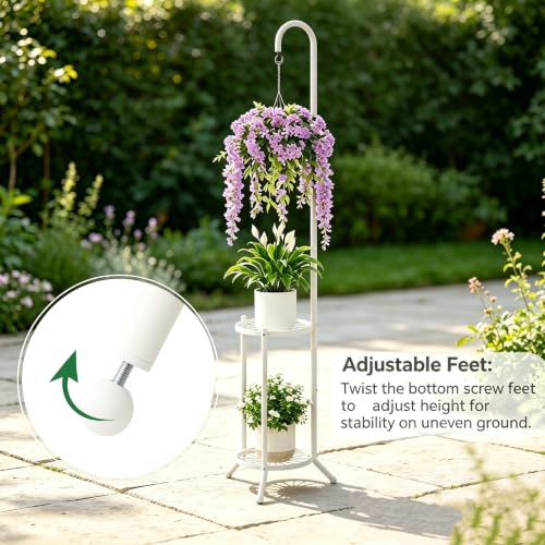 2-Tier Plant Stand With Hanging Hook, Metal Standing Plant Hanger, White - color: White
