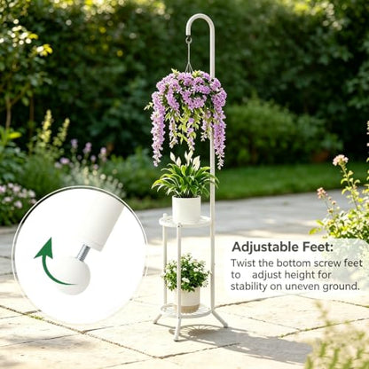 2-Tier Plant Stand With Hanging Hook, Metal Standing Plant Hanger, White - color: White