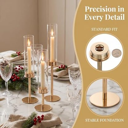 Gold Hurricane Candle Holders Set of 3, Tall Metal Windproof Glass Taper Candle Holder for Candelabra Centerpieces for Dining Table, Wedding, Party & Fireplace Mantel Decor