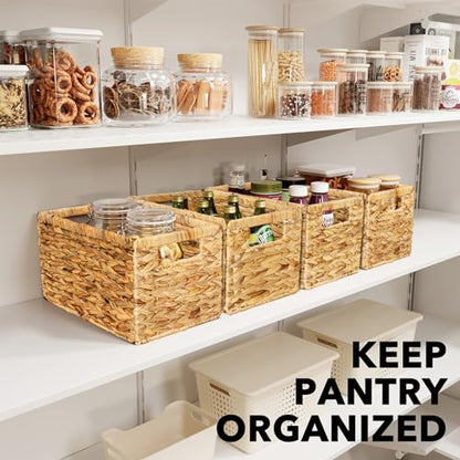 SpaceAid 4 Pack Wicker Basket, Storage Baskets for Organizing, Woven Rattan Basket with Handles for Shelves, Water Hyacinth Large Cube Organizer Storage Bin, 13x8.2x7 inch, Natural - size: 4-Pack, 13x8.2x7in