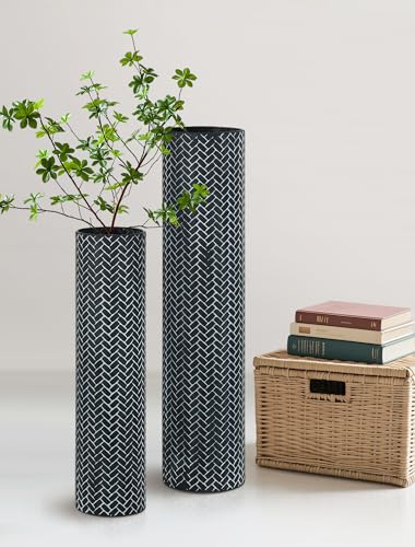 Sziqiqi Black Tall Floor Vase, Metal Floor Standing with Woven Texture - color: Black
