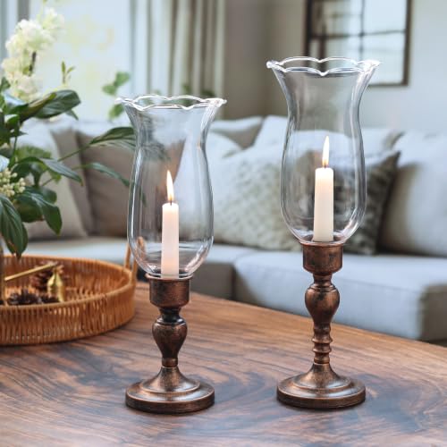 Volens Set of 2 Hurricane Glass Candle Holders with Iron Base & Glass Dome - color: Bronze