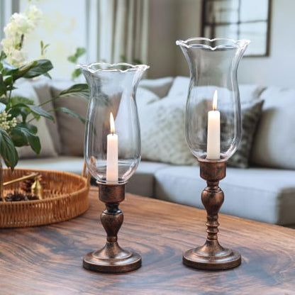 Volens Set of 2 Hurricane Glass Candle Holders with Iron Base & Glass Dome - color: Bronze