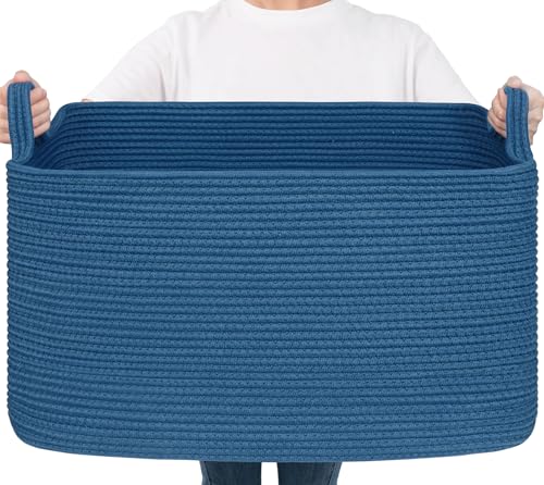 Goodpick Large Woven Rope Blanket Basket, Rectangle, Dark Blue - color: Dark Blue, size: Large(21.6"L x 14.9"W x 11.8"H)